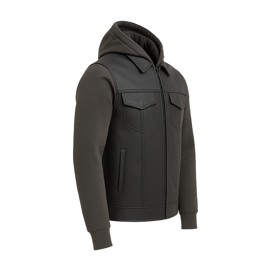Iron - Men's Motorcycle Leather Vest with Hoodie