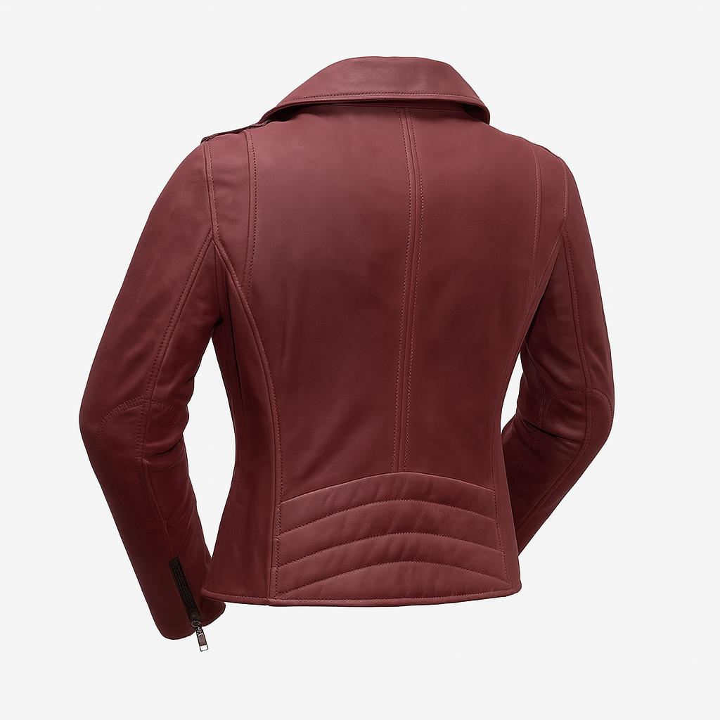 Back view red women leather moto jacket Sloane Steel