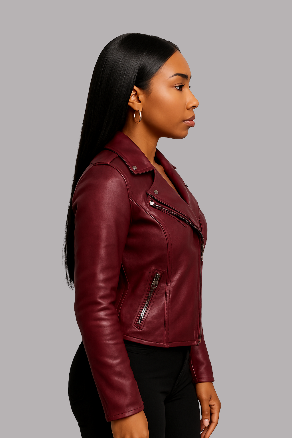 Side view woman wearing red moto leather jacket Sloane Steel