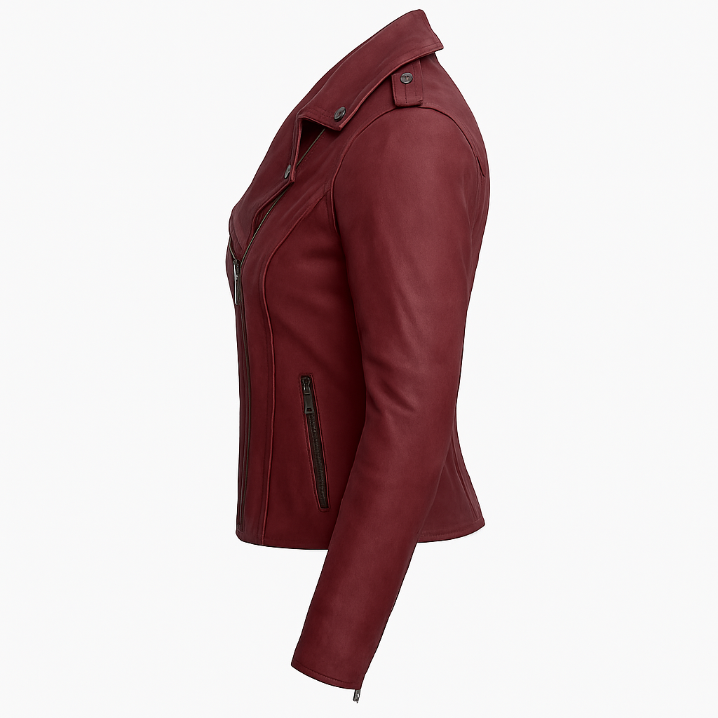 Side view red leather biker jacket clean design