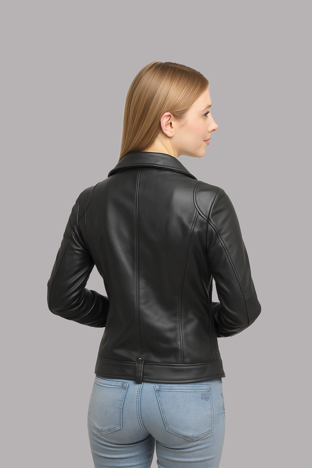 Close-up of snap-down collar detail on Thora Blaze women’s leather moto jacket