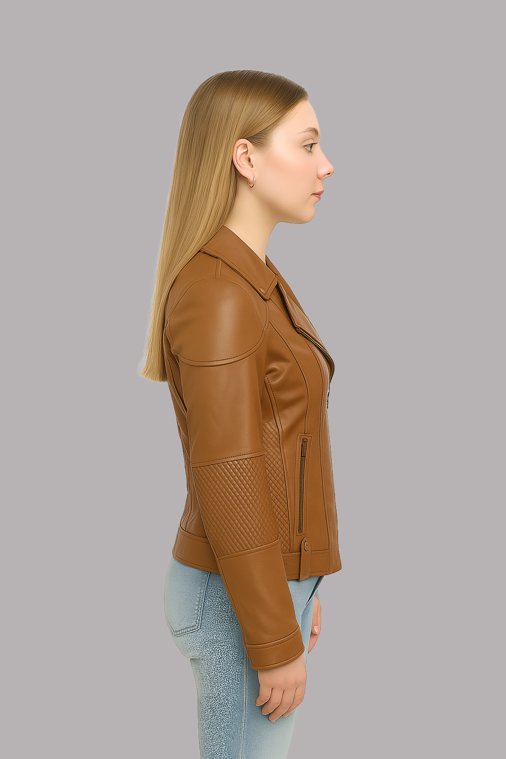 Side profile of Thora Blaze women’s leather jacket highlighting asymmetric front zipper design