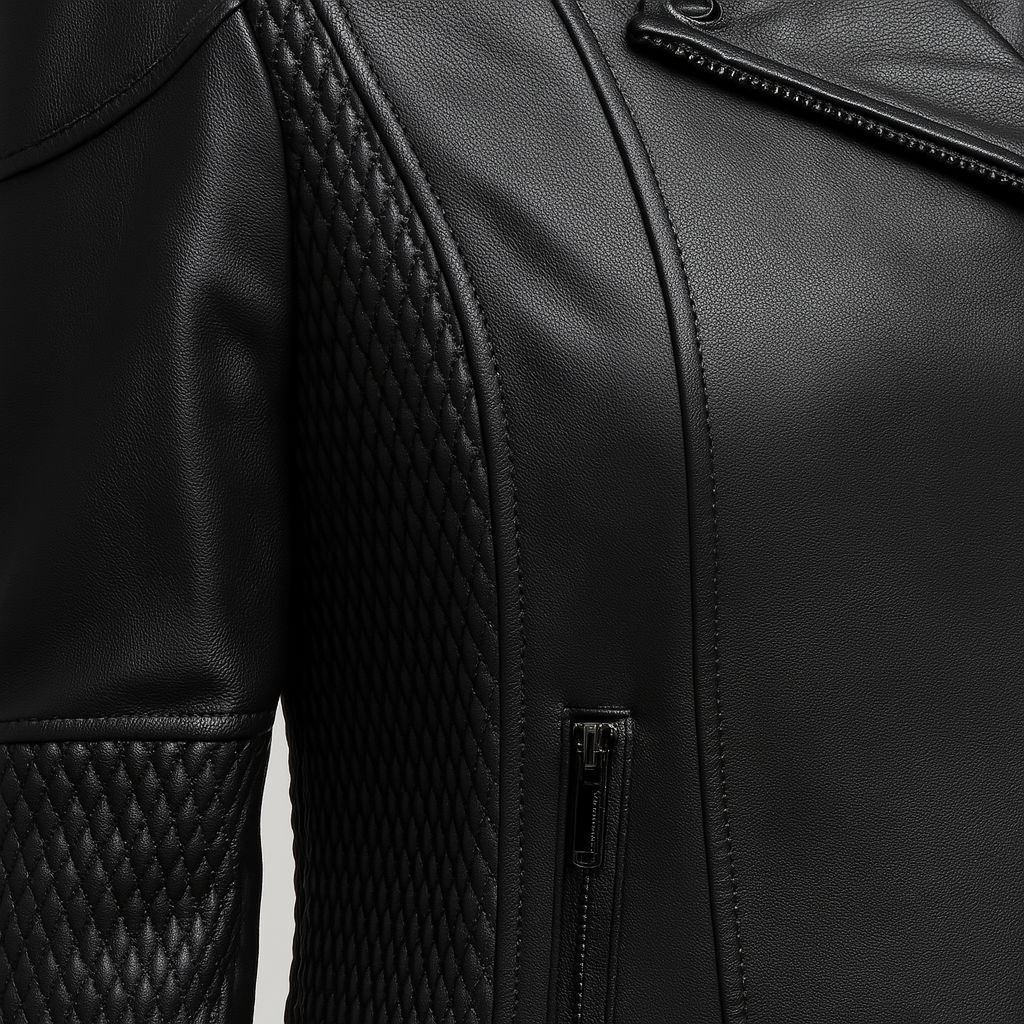 Studio shot of Thora Blaze women’s leather jacket highlighting premium craftsmanship and structure