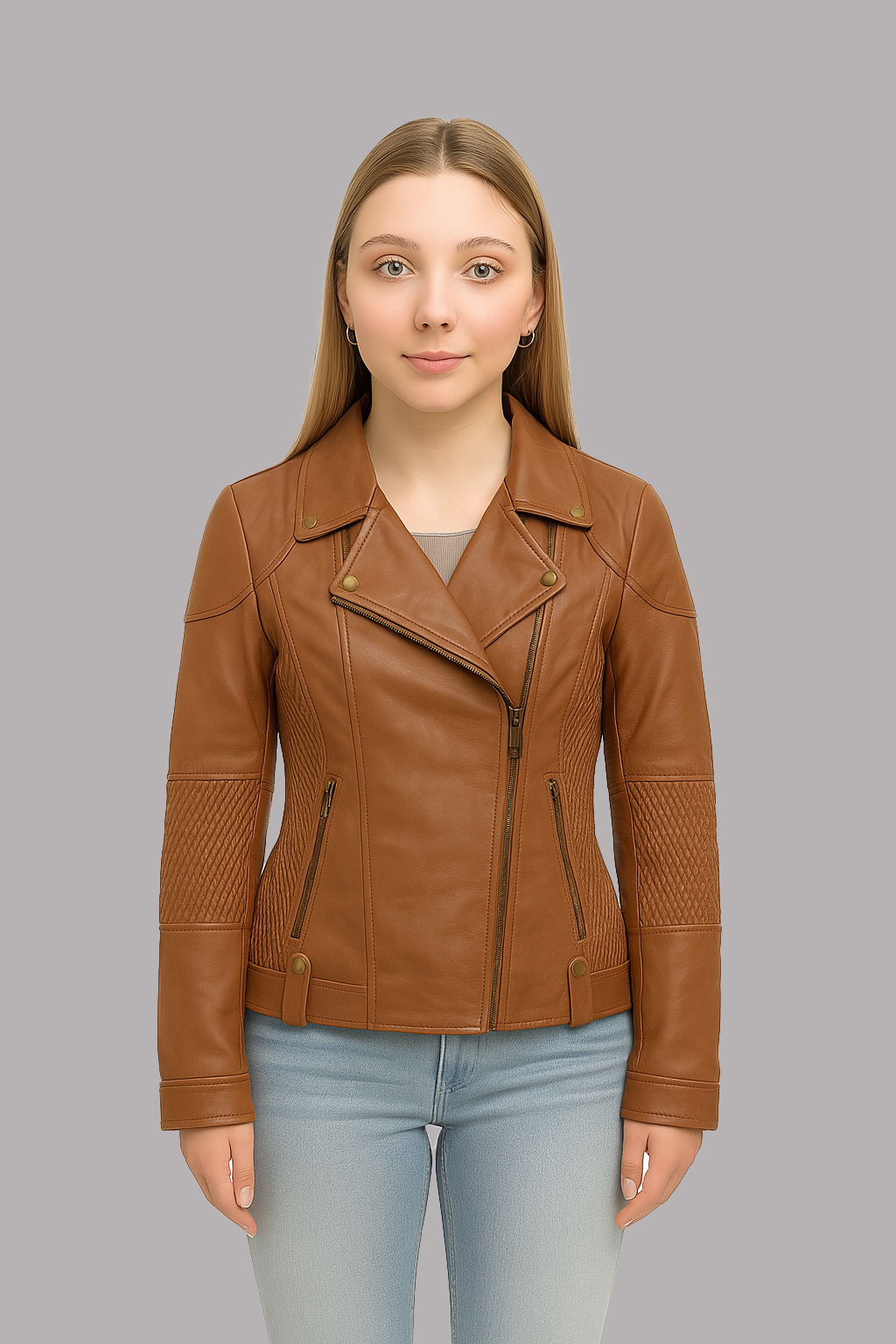 Back view of Thora Blaze leather jacket showing structured fit and clean stitched detailing