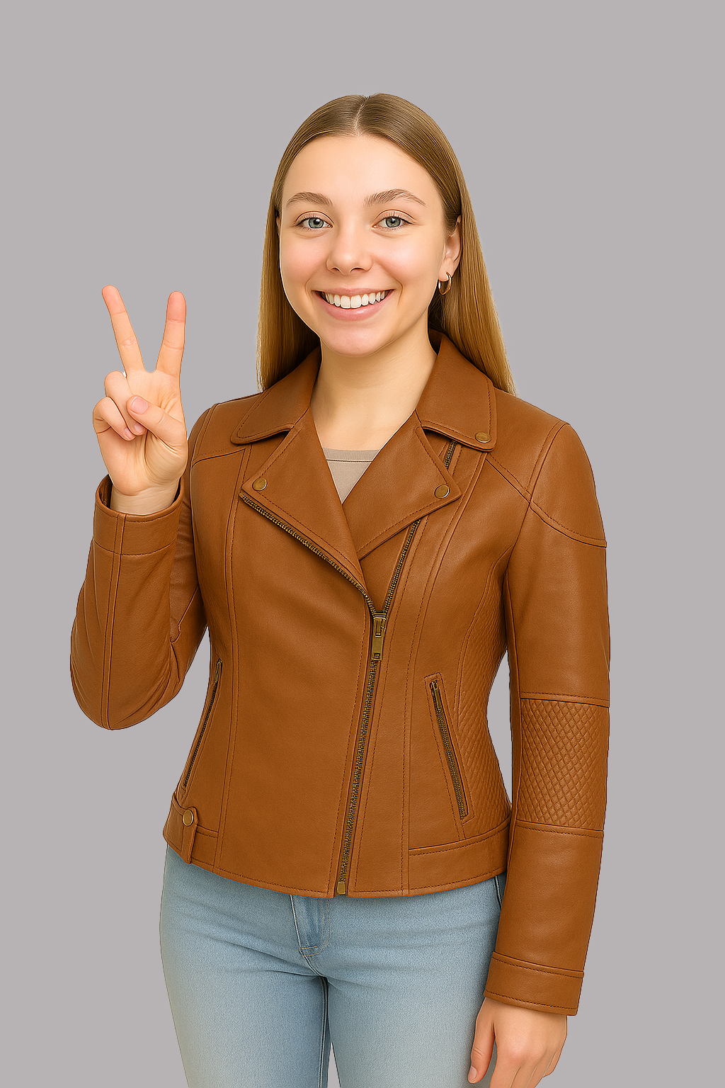 Woman wearing Thora Blaze black leather jacket front view showcasing classic moto style fit