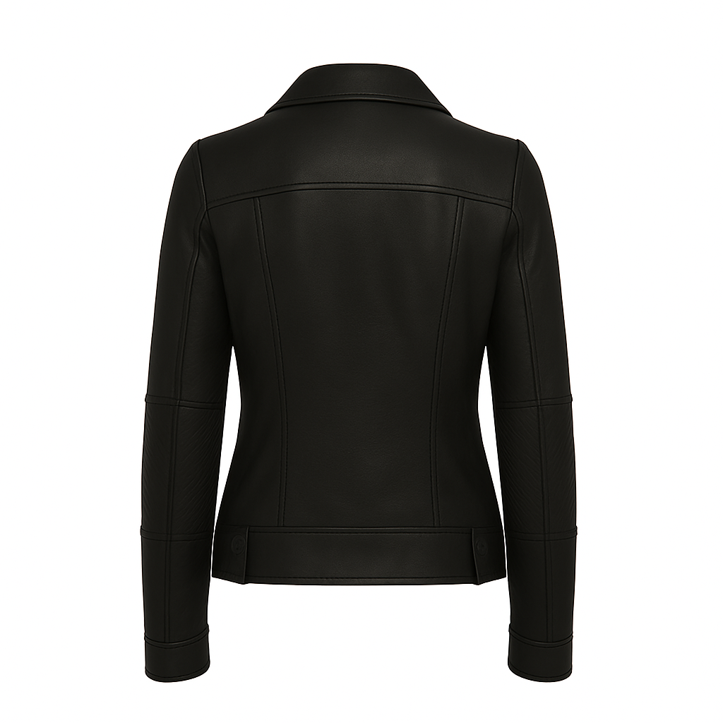 Woman wearing Thora Blaze leather jacket in street style fashion urban outfit