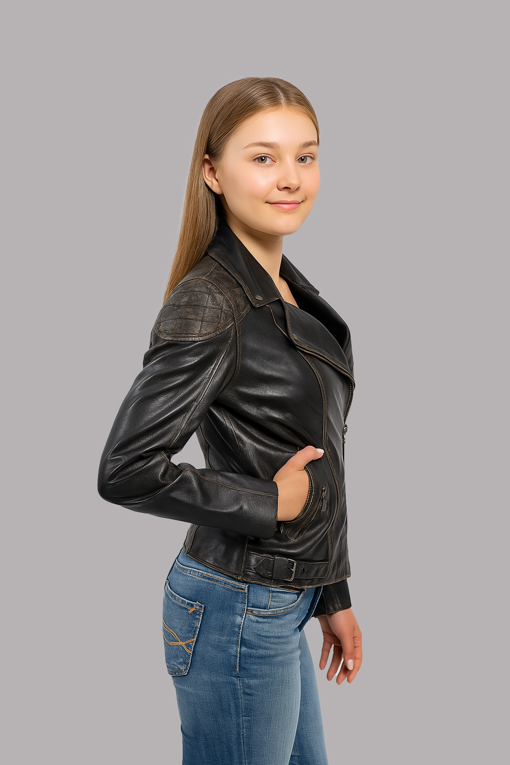 women black leather biker jacket back view clean stitched design