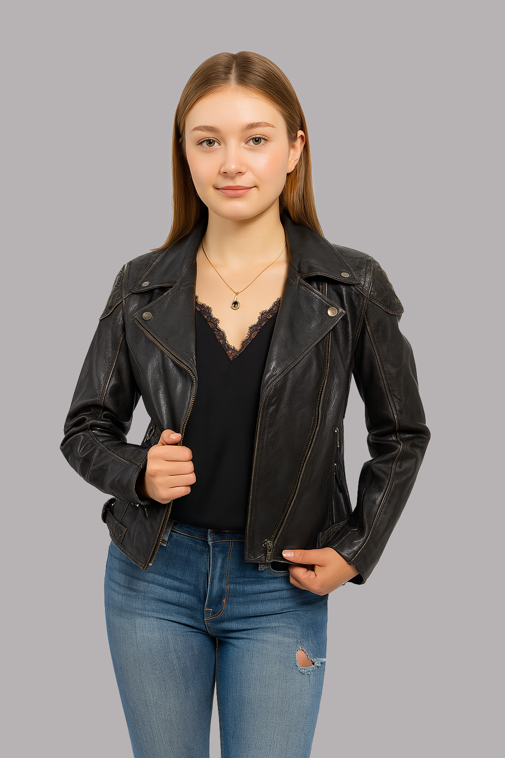 Vivian women black leather motorcycle jacket front view in real leather