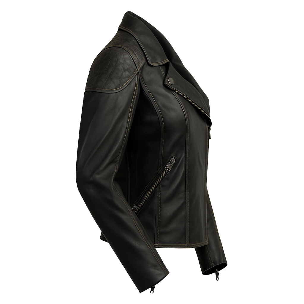 premium real leather texture black women biker jacket close up