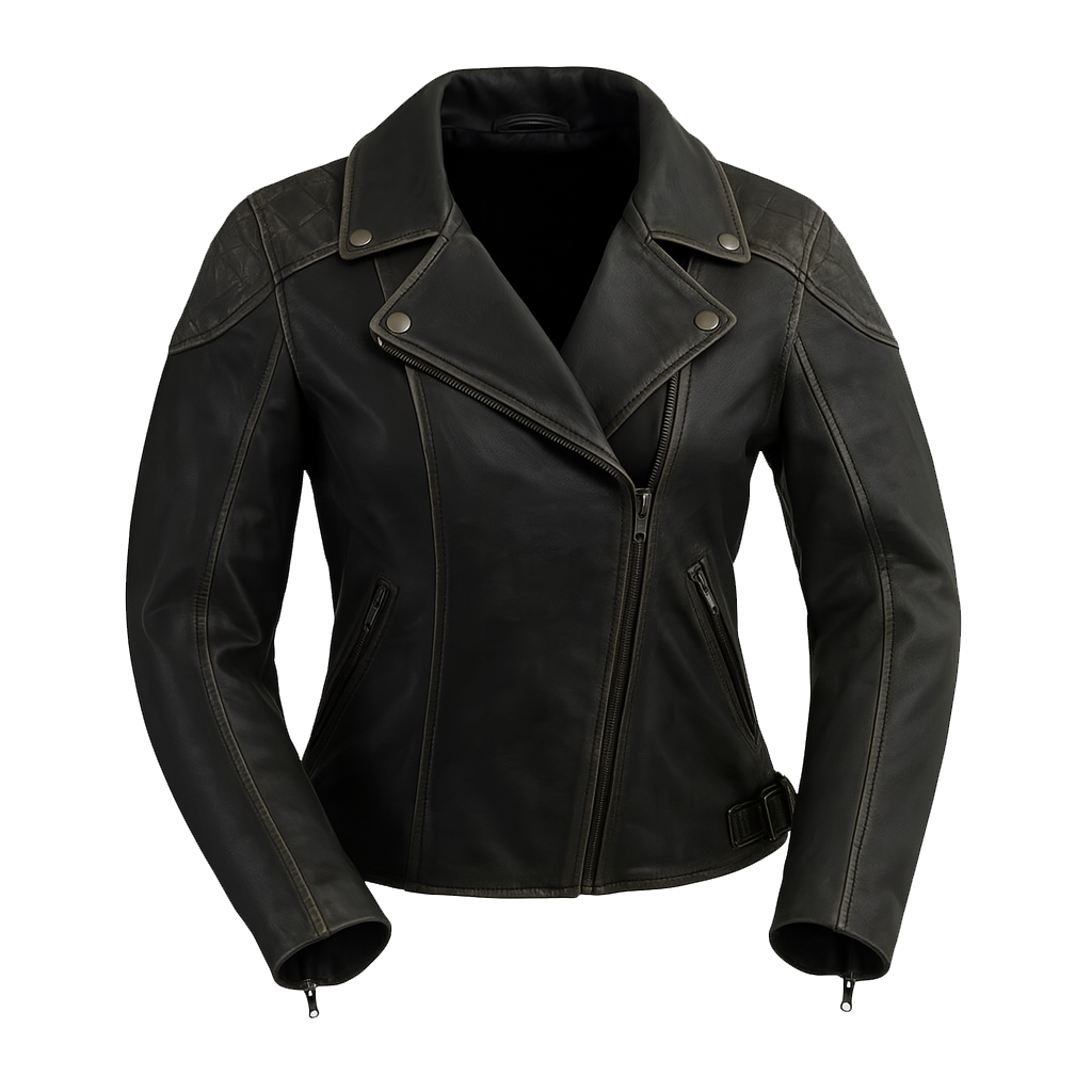 black leather jacket women zip pocket detail close up view