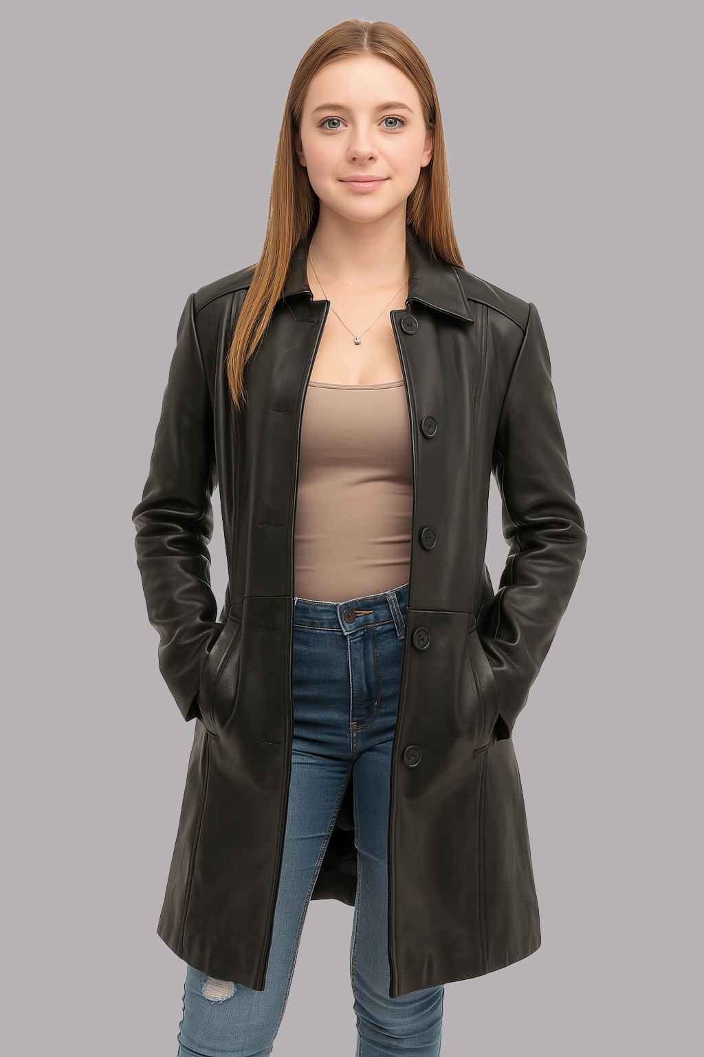 Vivica Vale women leather jacket black front view premium genuine leather