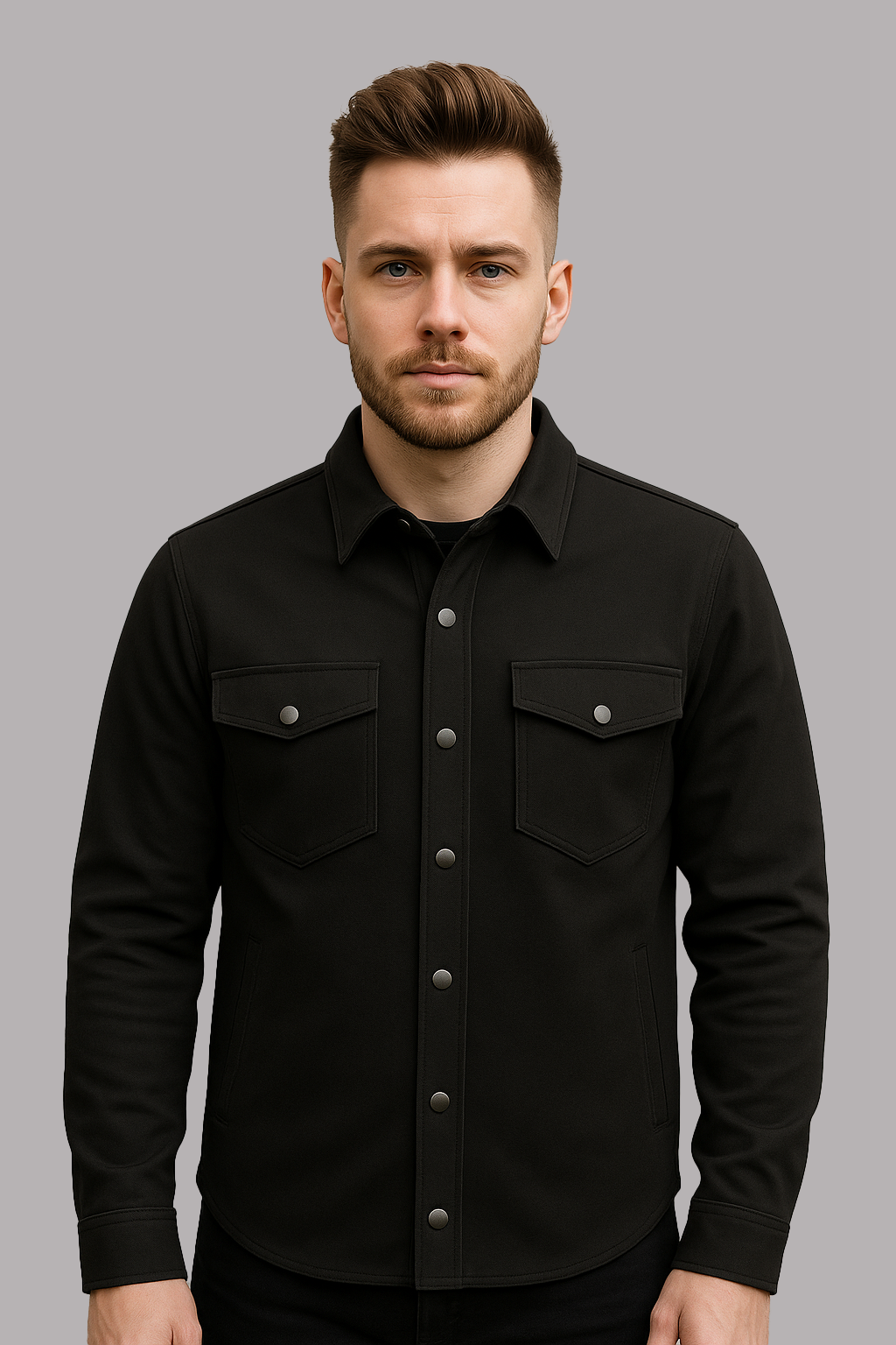 Front view of men’s black twill overshirt