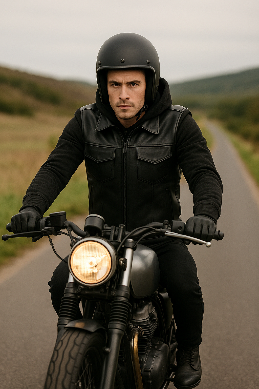 Iron - Men's Motorcycle Leather Vest with Hoodie