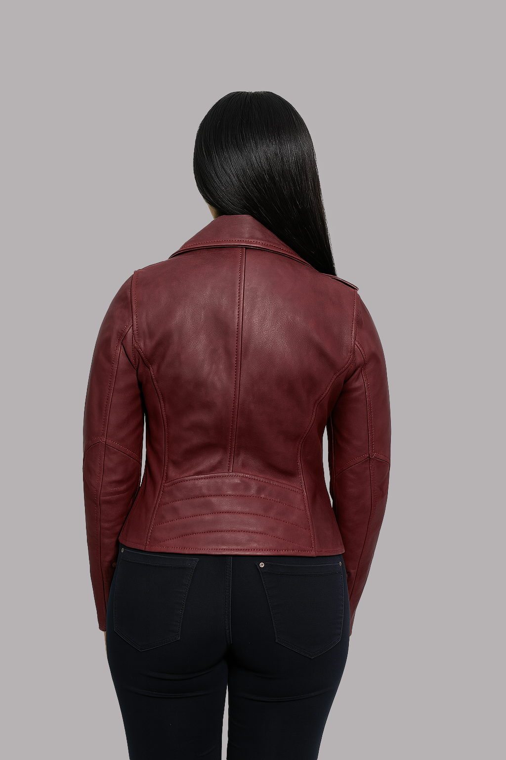Sloane Steel leather biker jacket crimson red back view women