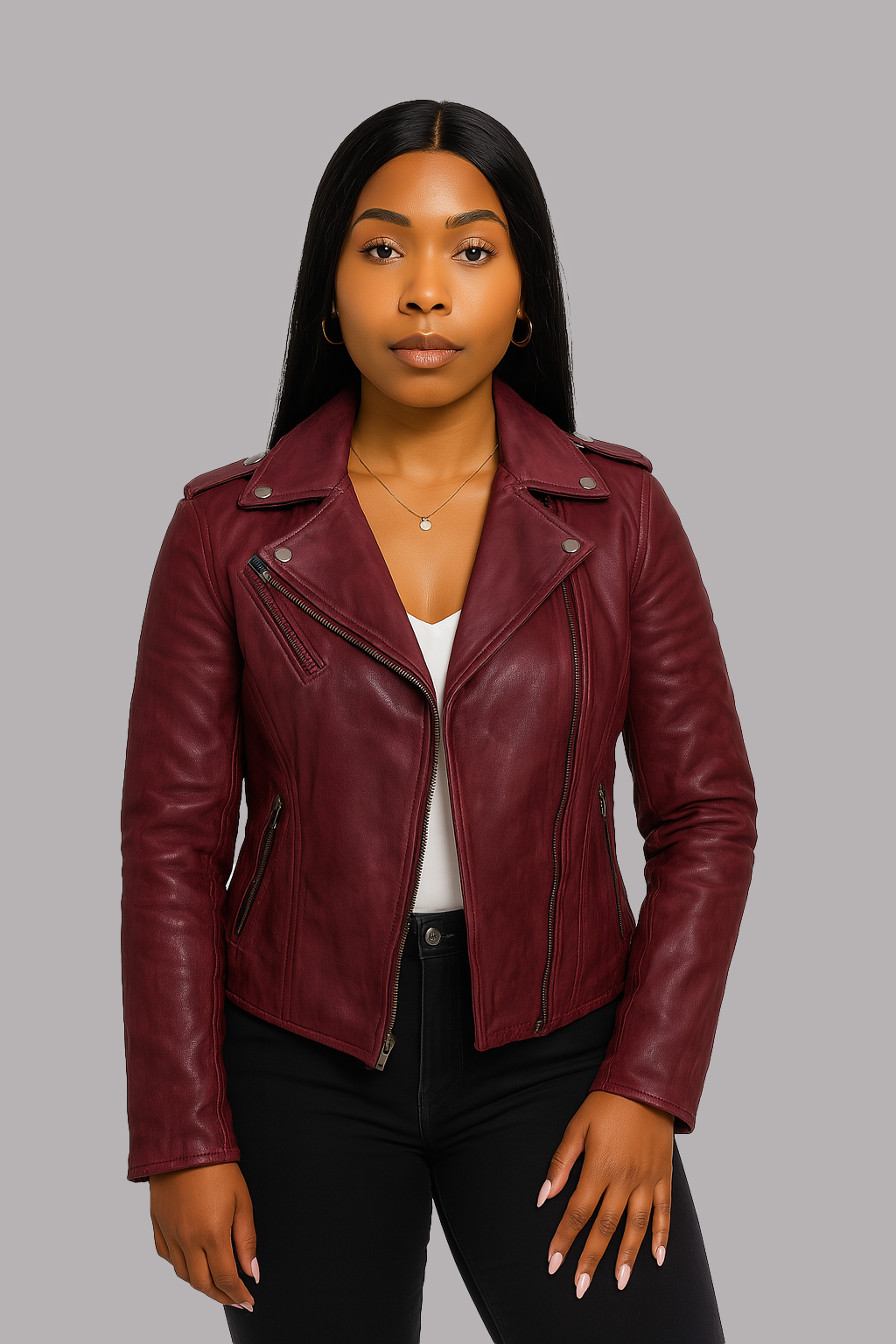 Casual outfit jeans sneakers crimson red biker jacket women