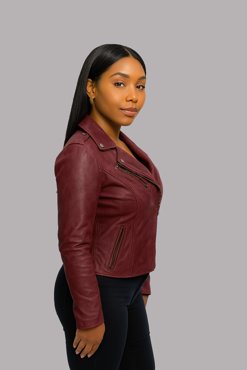 Side view woman wearing crimson red biker leather jacket
