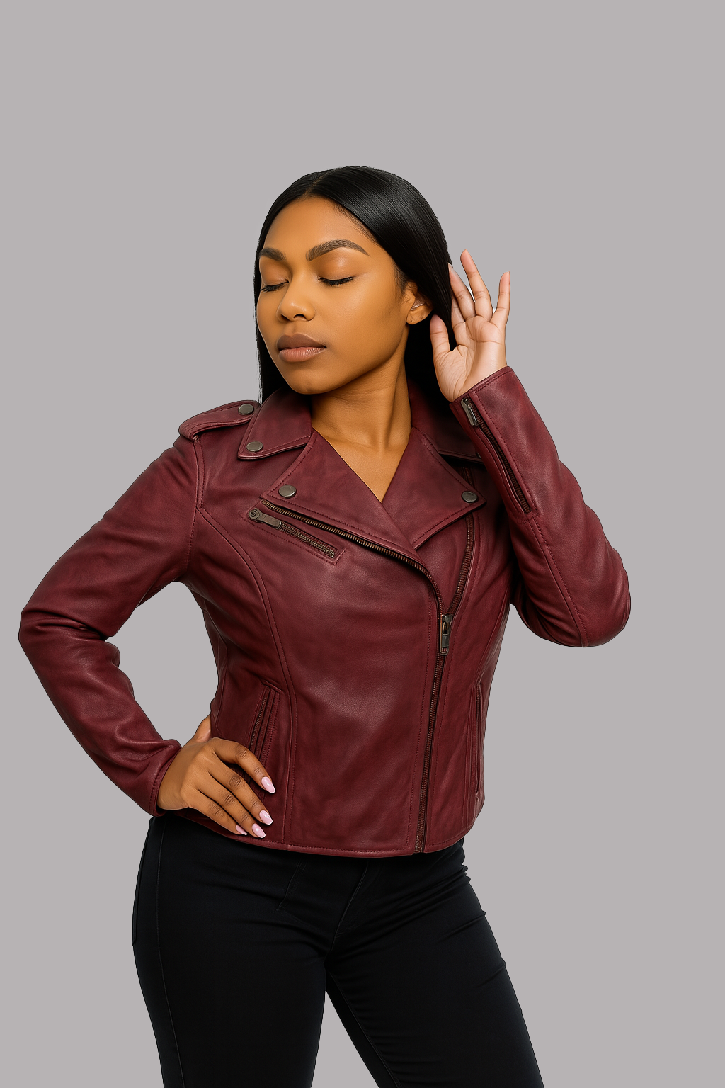 Stylish outfit woman wearing crimson red leather biker jacket
