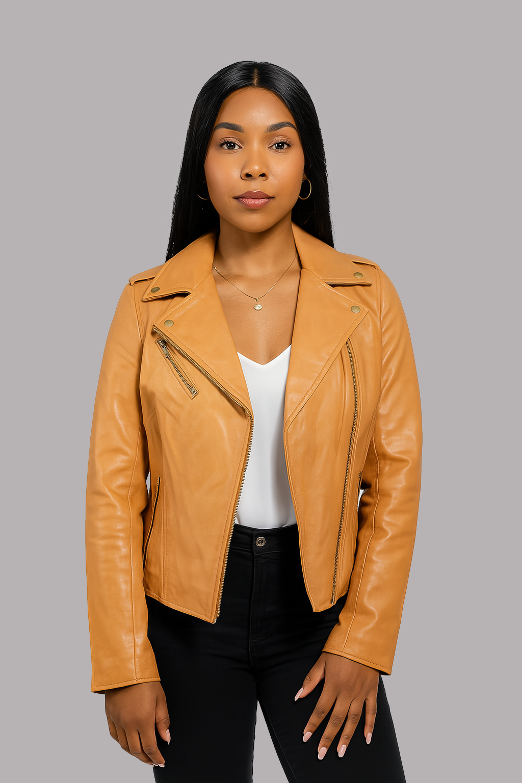 Woman wearing Sloane Steel gold moto leather jacket front view
