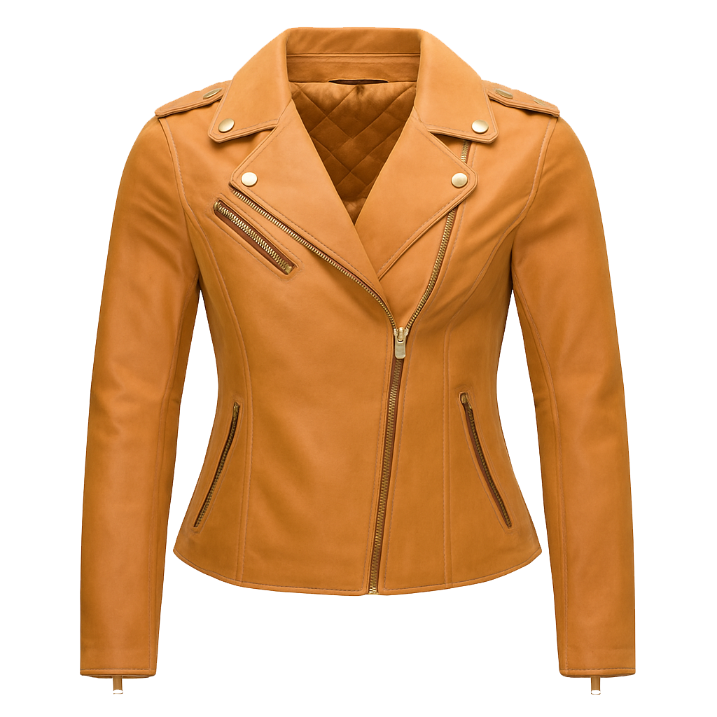 Gold leather moto jacket women front view Sloane Steel