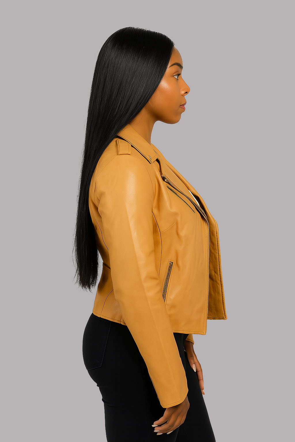 Side view woman wearing gold leather moto jacket