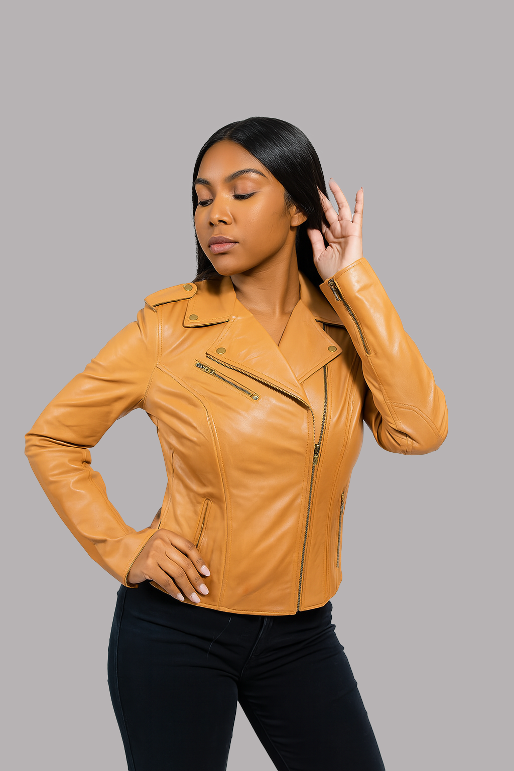 Stylish fashion look woman gold moto leather jacket