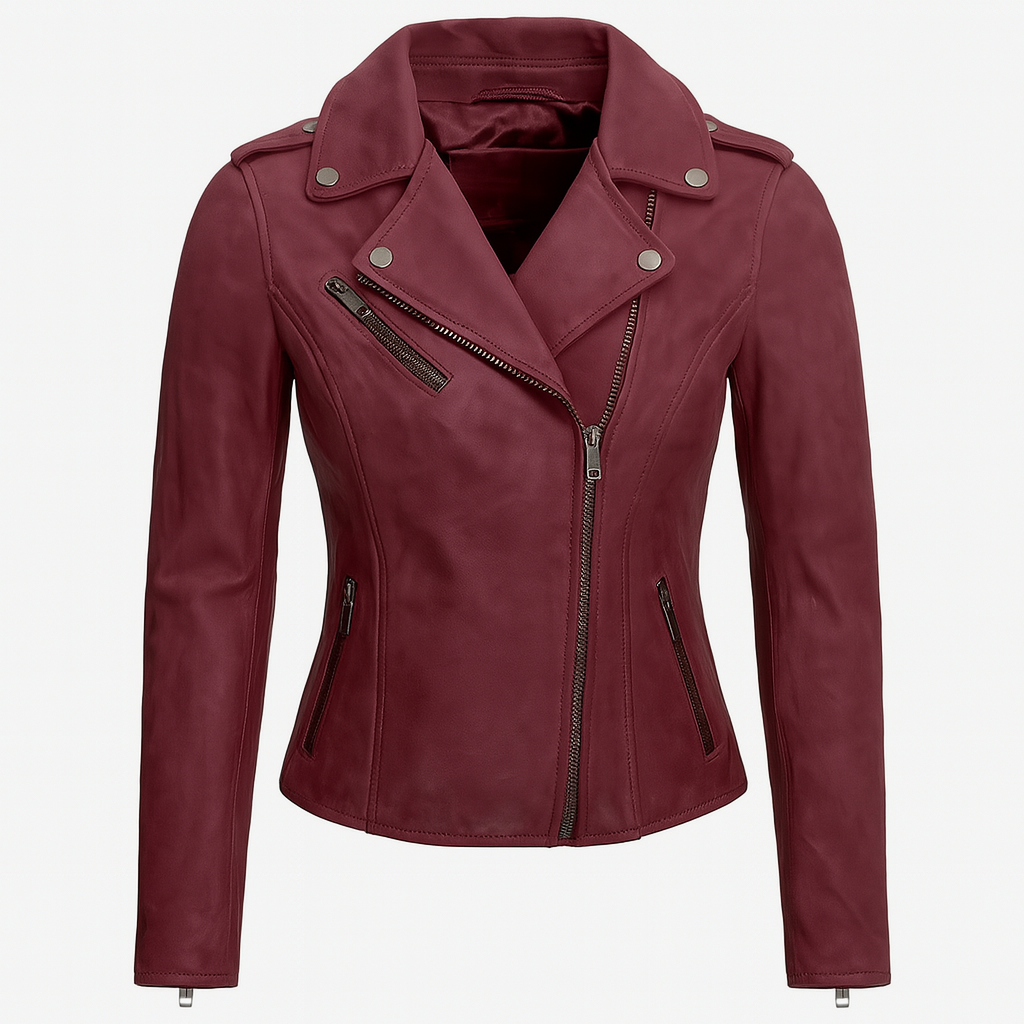 Red leather moto jacket women front view Sloane Steel