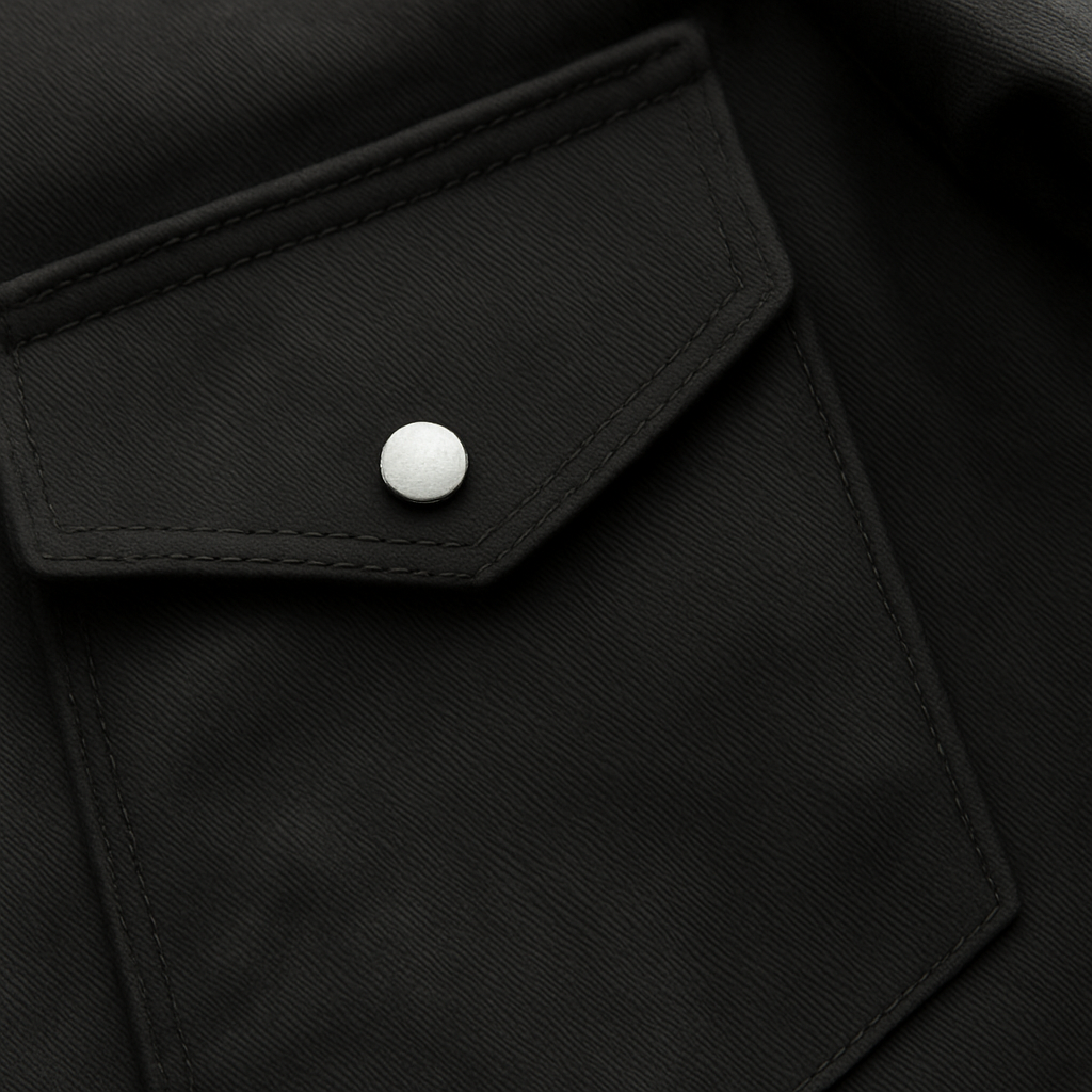 Chest pocket detail on men’s black twill shirt