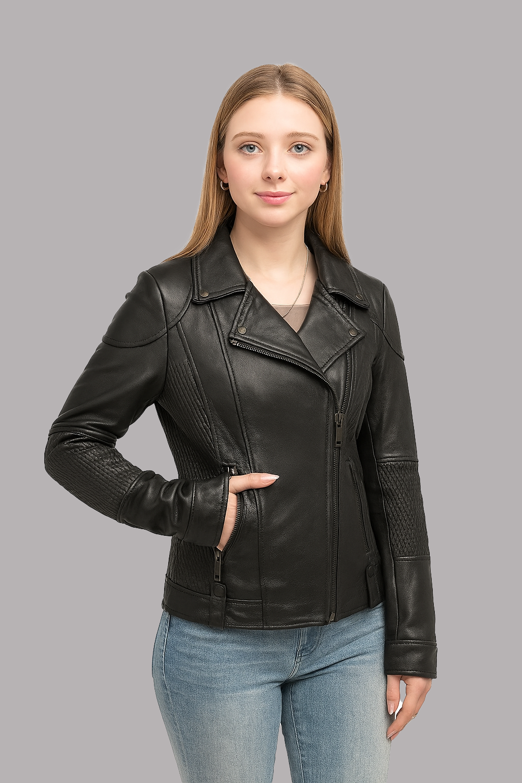 Thora Blaze leather jacket styled casually with jeans and white sneakers for everyday wear