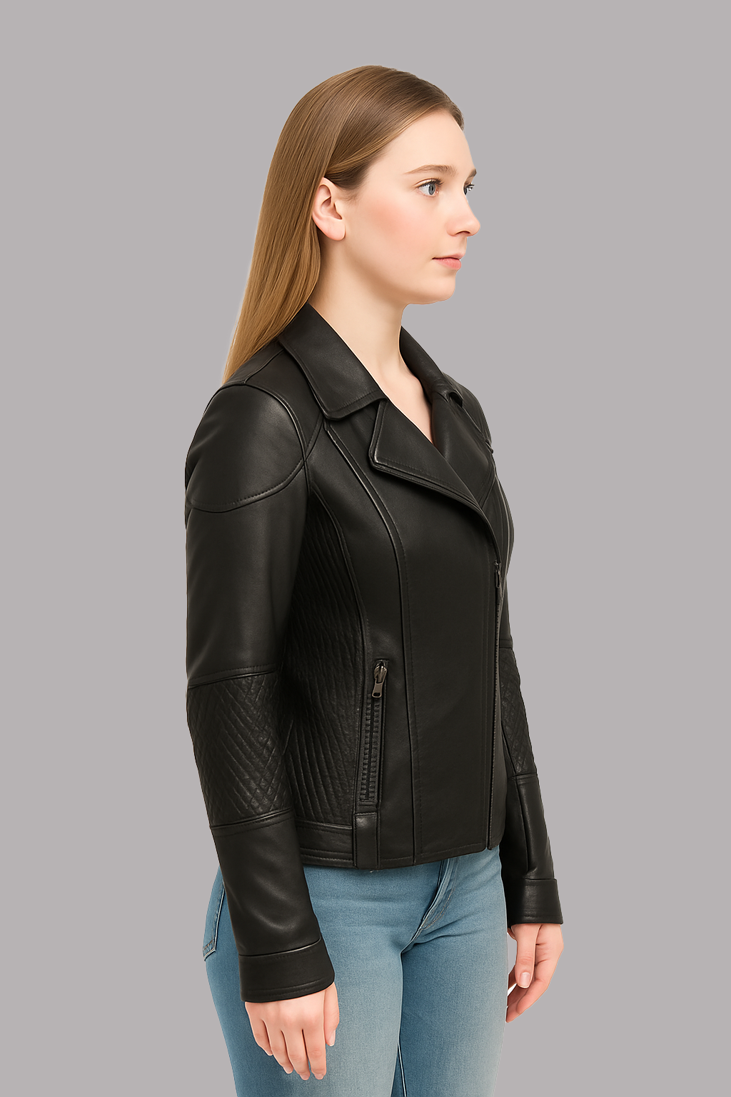 Thora Blaze women’s leather jacket displayed in black, dark brown, and burgundy color options