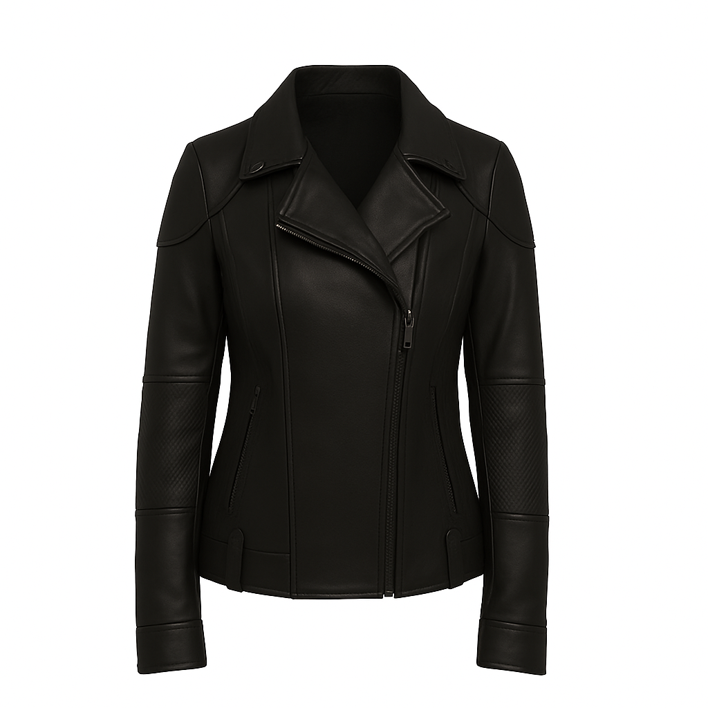 Side view showing adjustable waist belt tabs on Thora Blaze leather jacket for fitted look