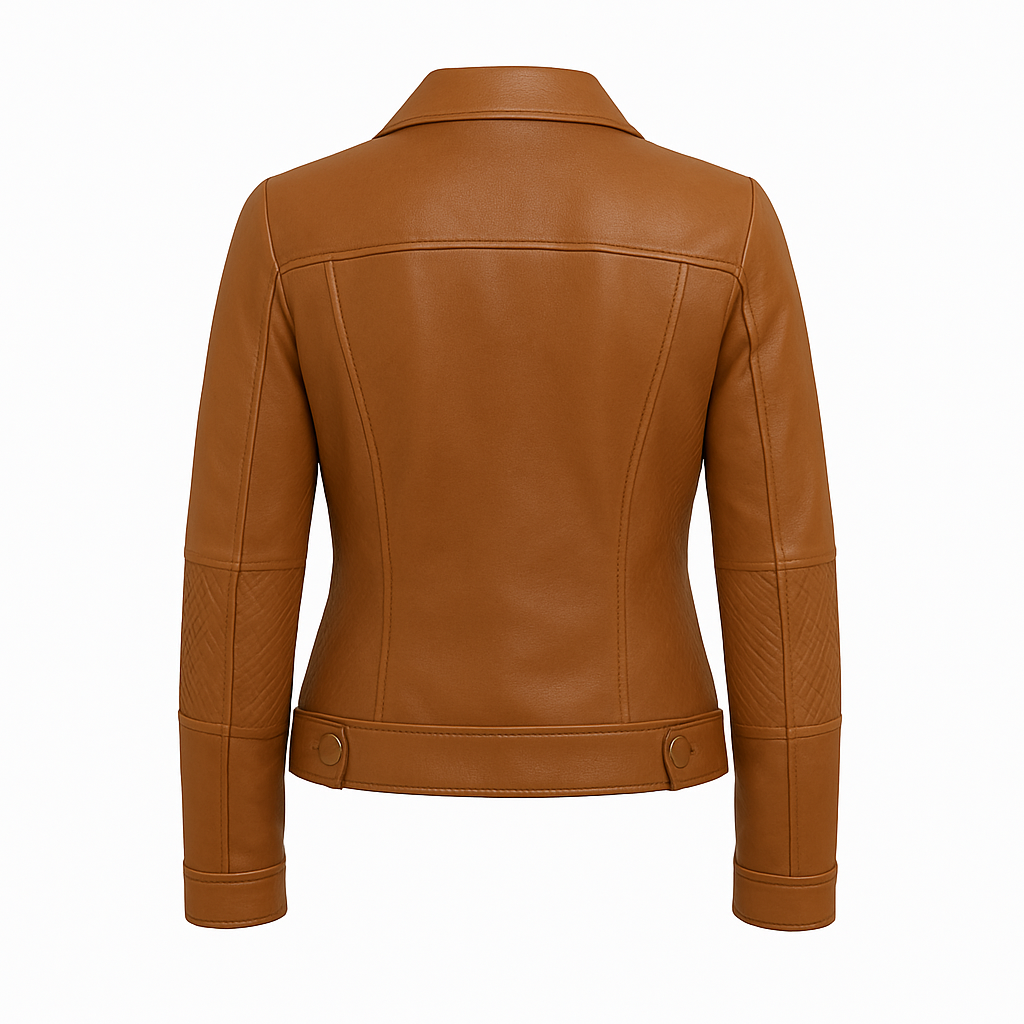 Flat lay of Thora Blaze black leather jacket showing full moto silhouette design