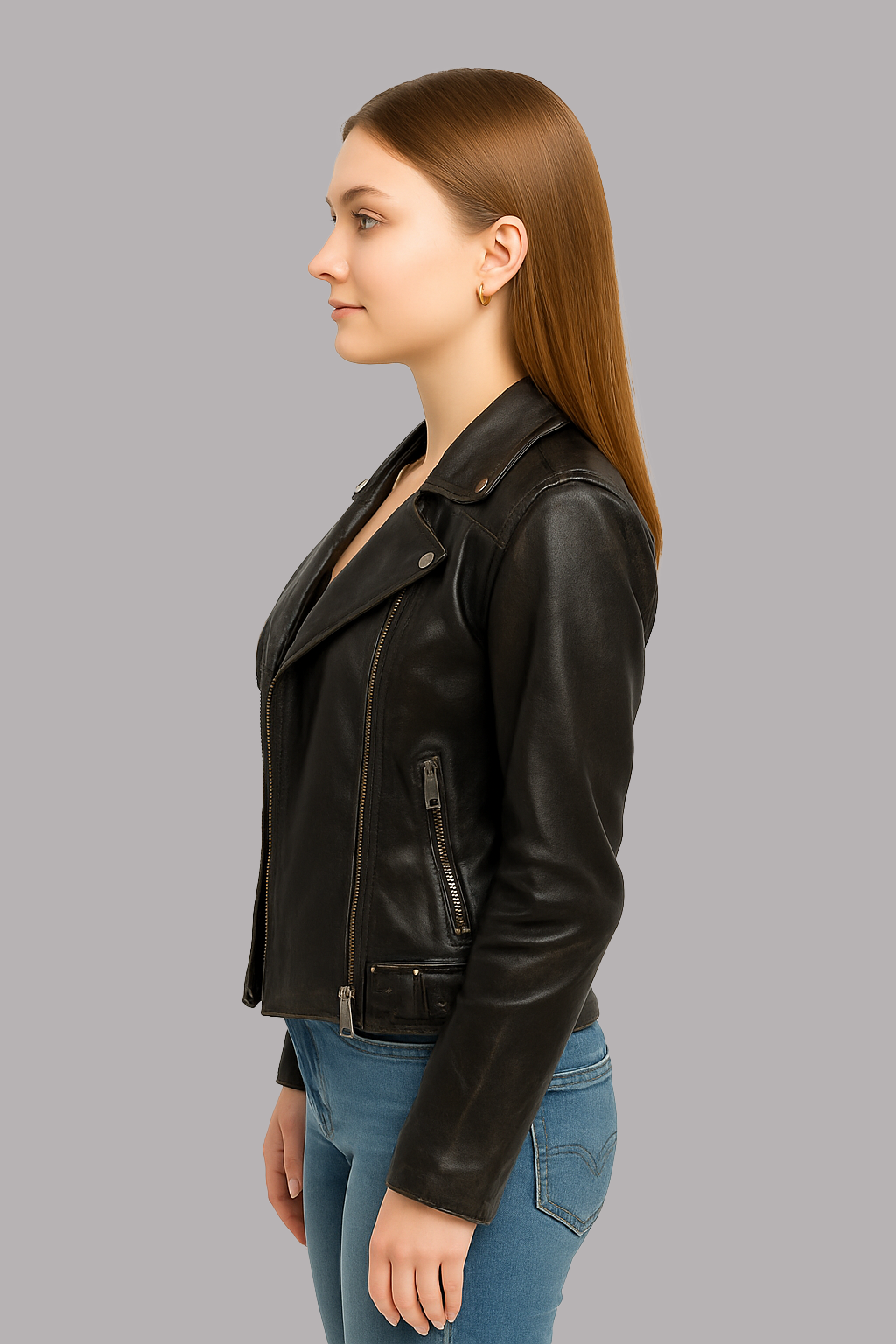black leather biker jacket women angled front view slim fit design