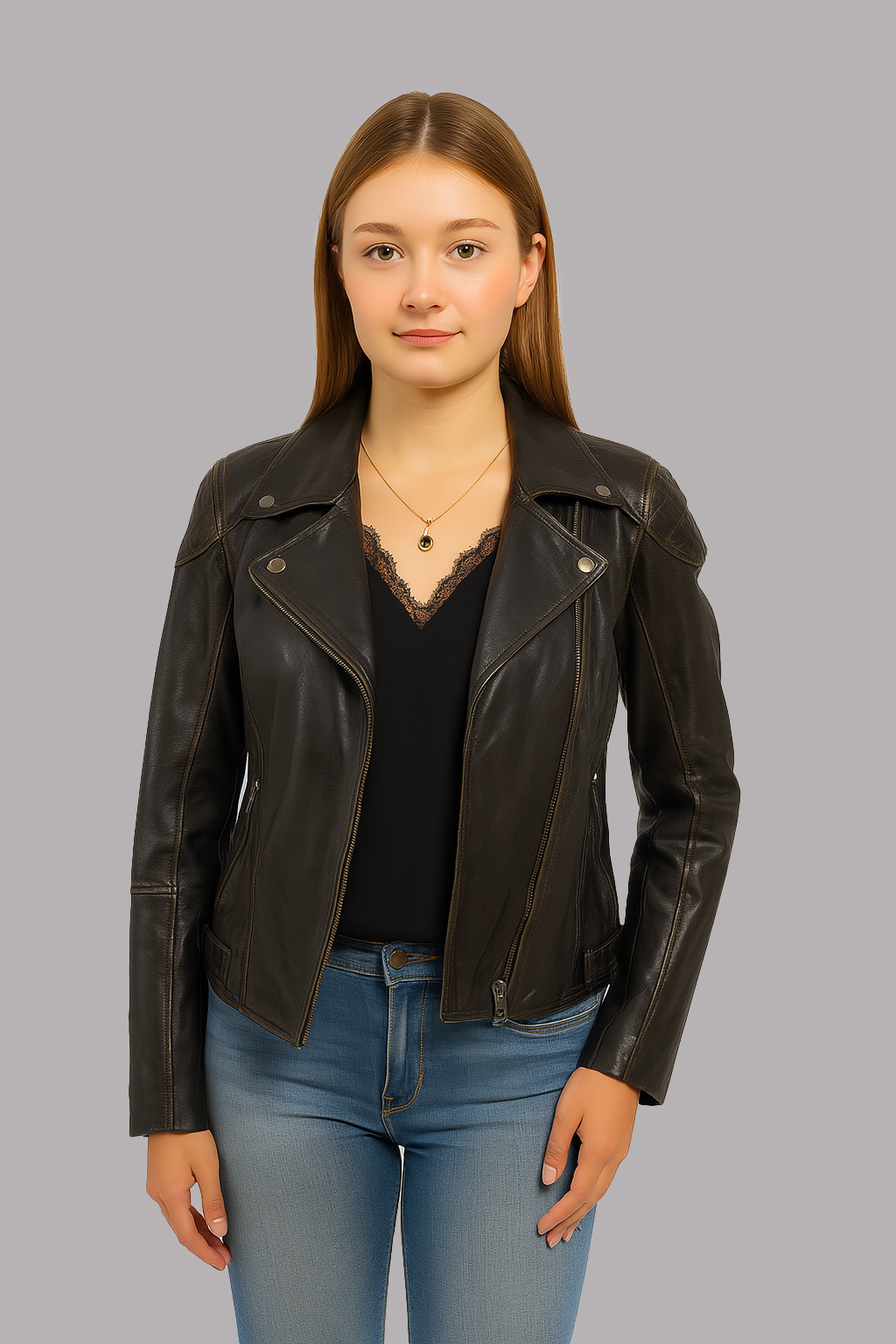 women black leather motorcycle jacket side view classic biker style